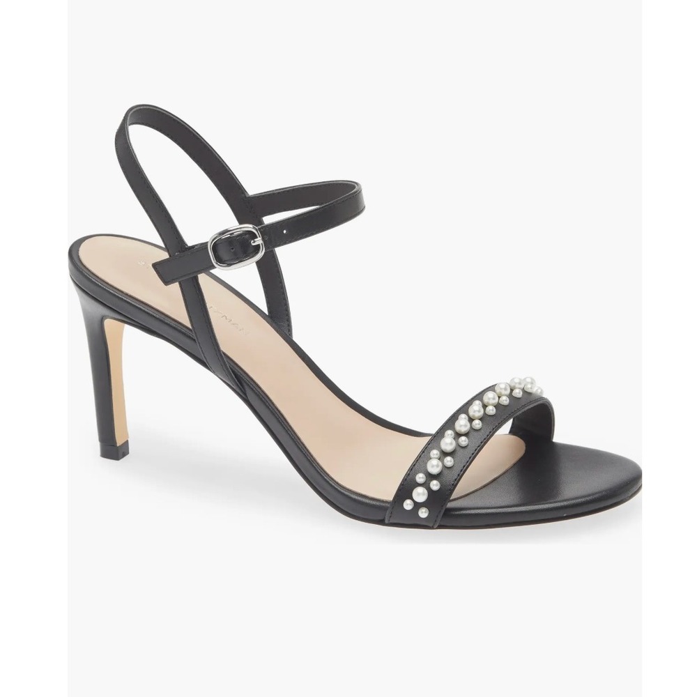 Stuart Weitzman Dancer black leather pearl‎ Sandal 7M